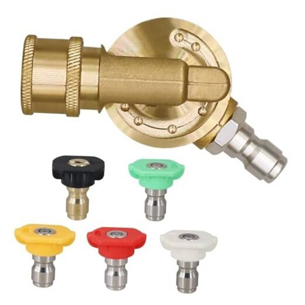 Brass pivoting quick-connect coupler with knurled grip and multiple colored nozzle tips