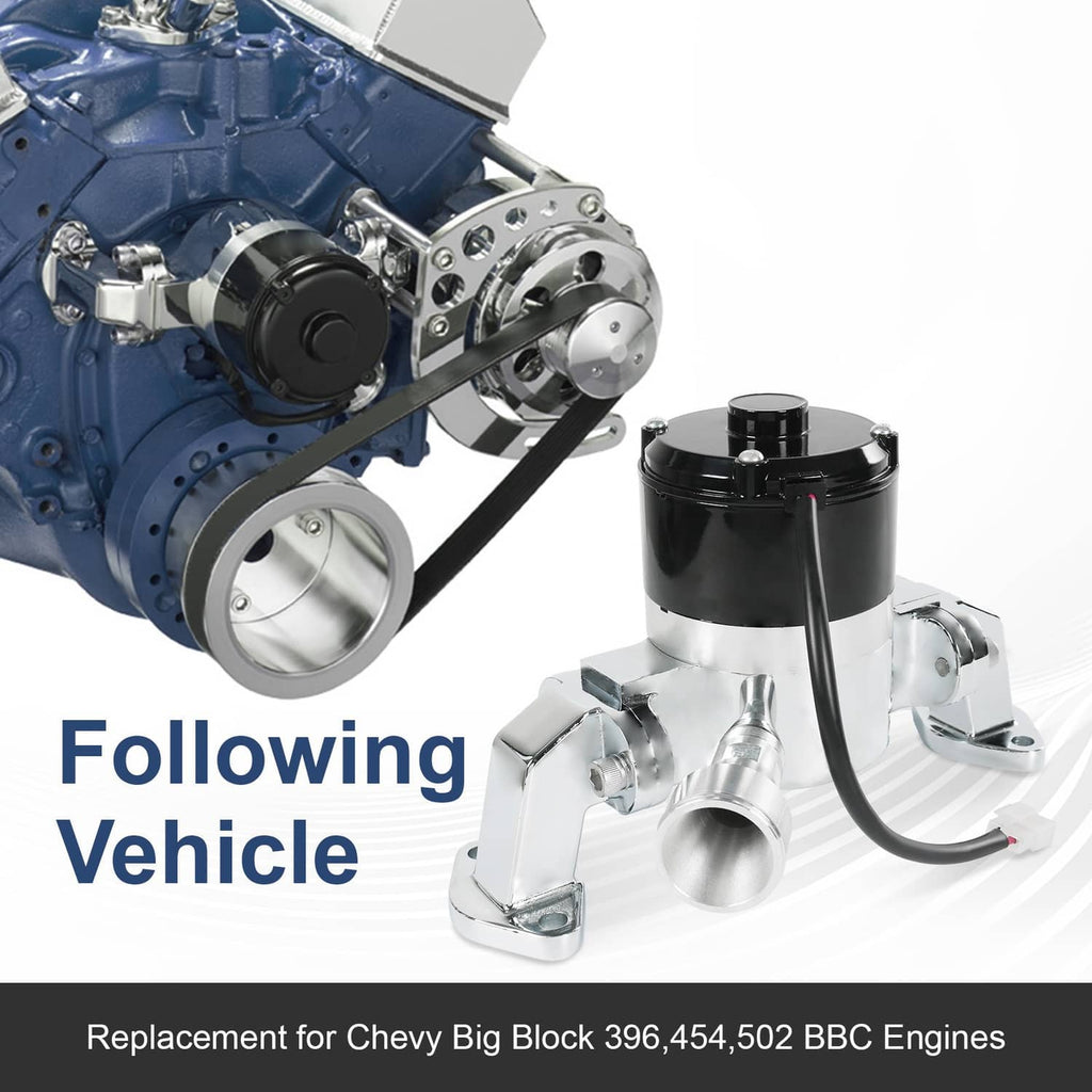 Electric water pump kit with chrome housing, black motor unit, and two black hoses
