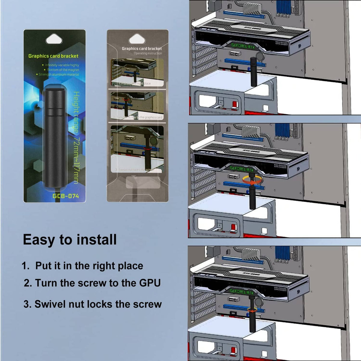 Black GPU sag support bracket shown installed with screwdriver steps for mounting