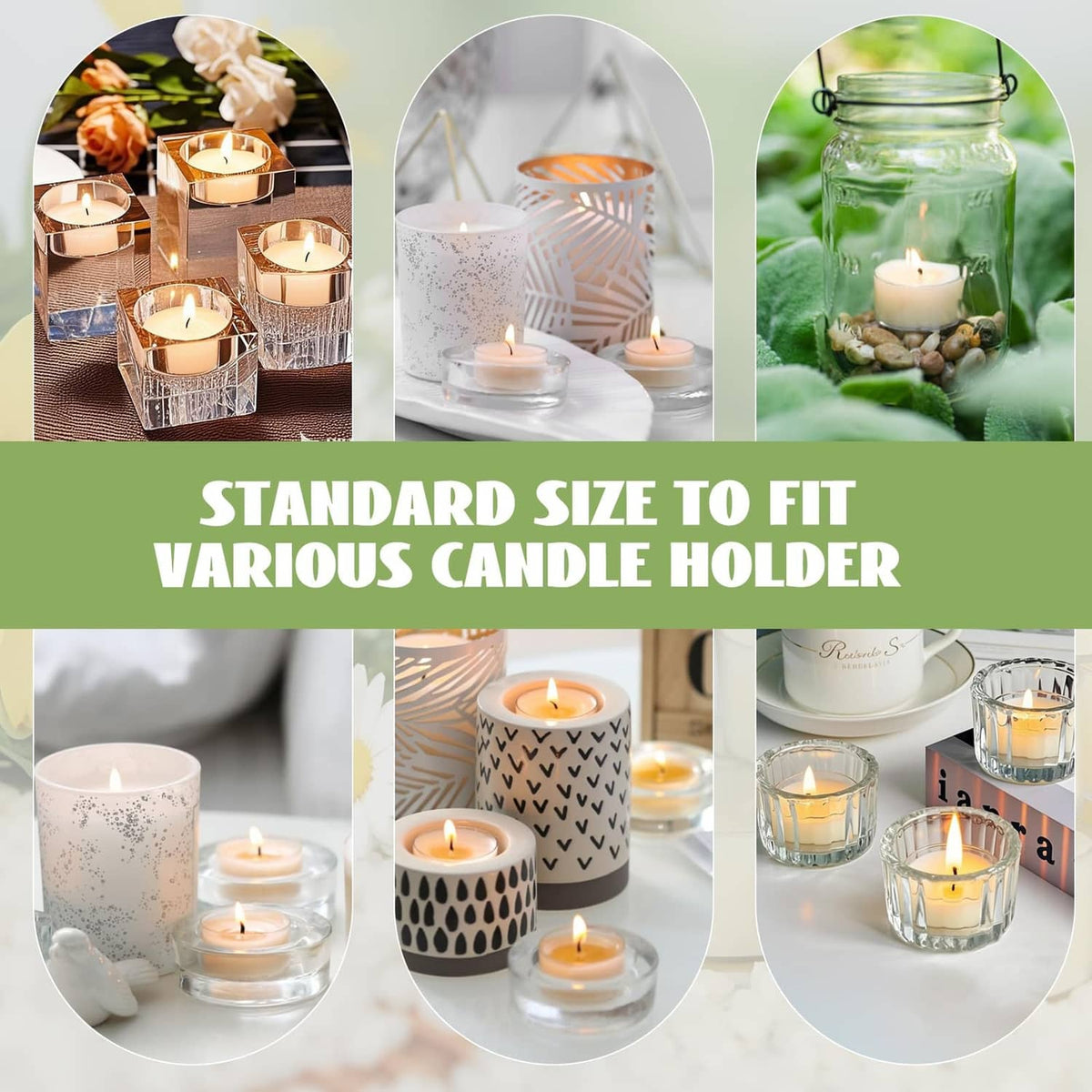 Cream beeswax tea light candles in assorted containers, multiple flames visible