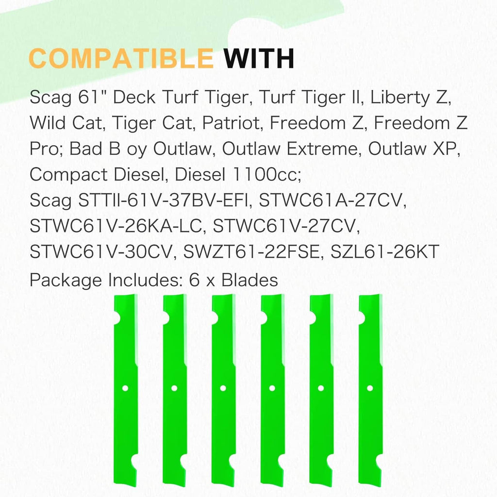 Compatible green mower blades set for 61 in decks; includes 6 blades.
