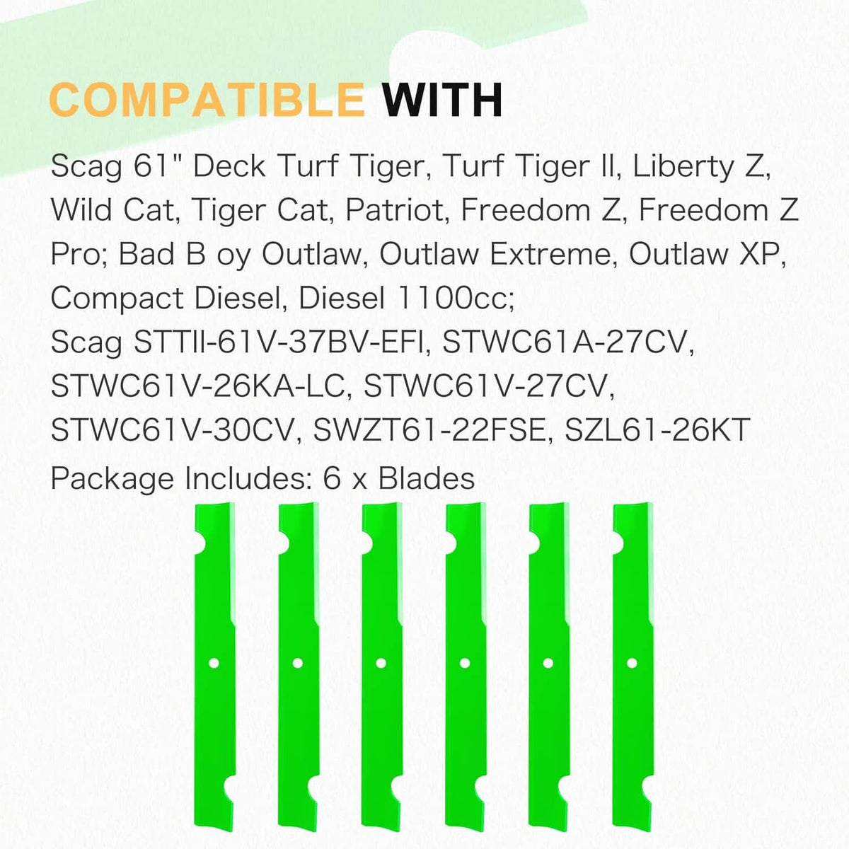 Compatible green mower blades set for 61 in decks; includes 6 blades.