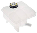 Front pressurized coolant reservoir with black cap, translucent white plastic, side outlet tube