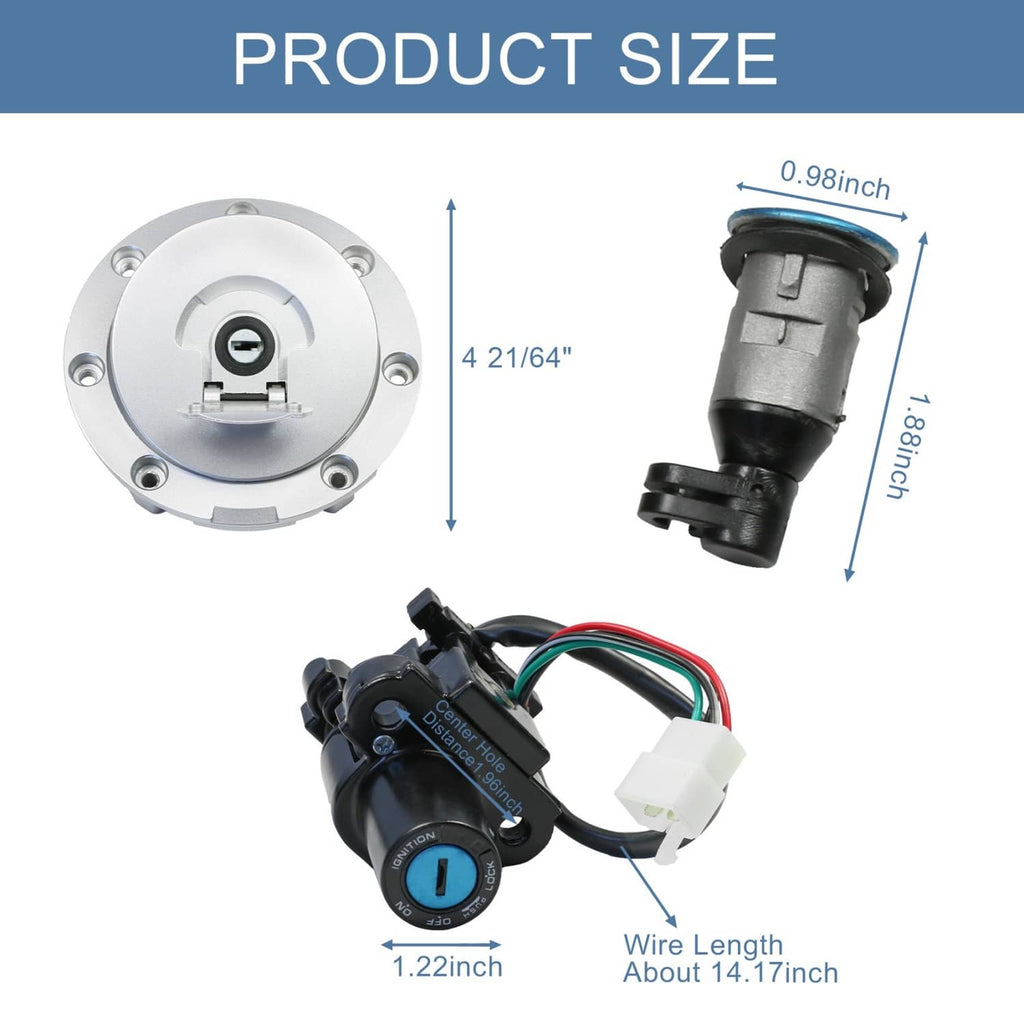 Ignition switch lock and fuel cap cover with wiring harness, dimensions diagram included