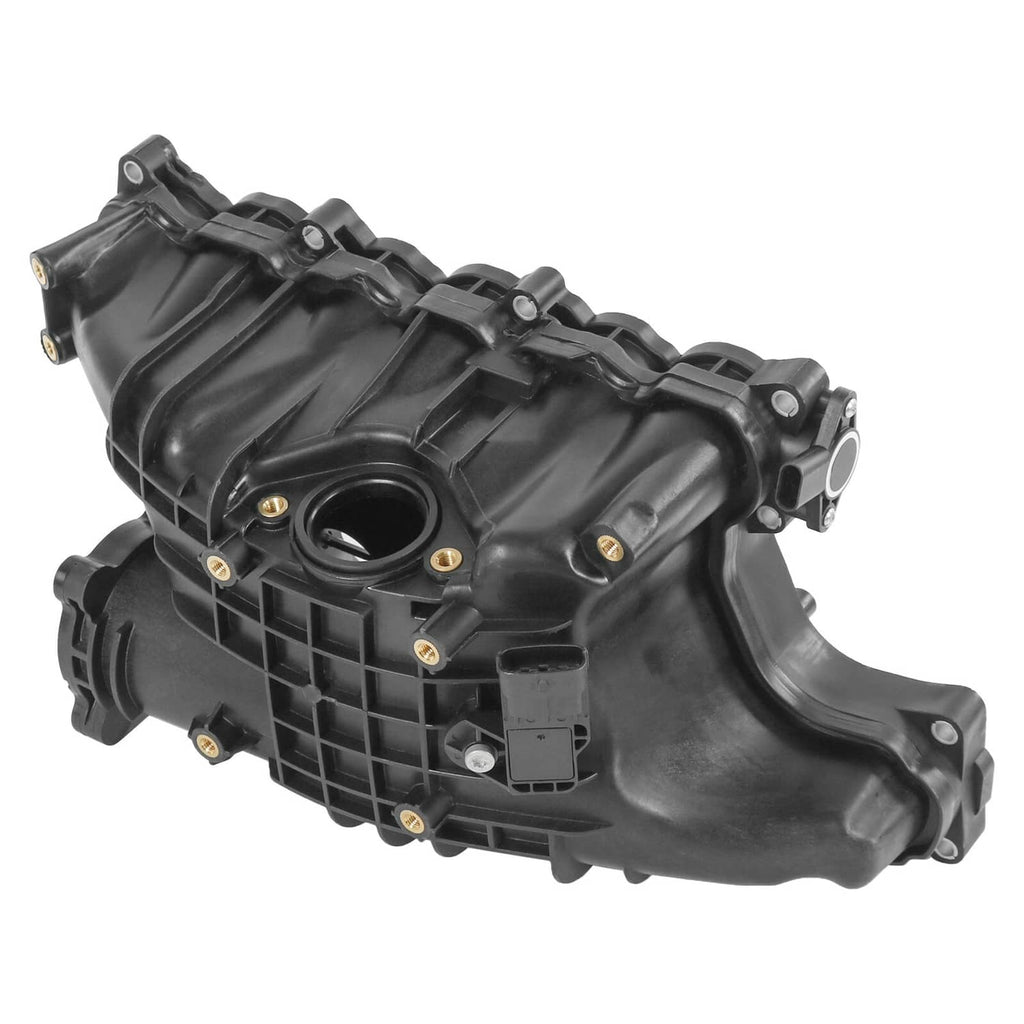 Black intake manifold assembly angled view with circular port and mounting bolts