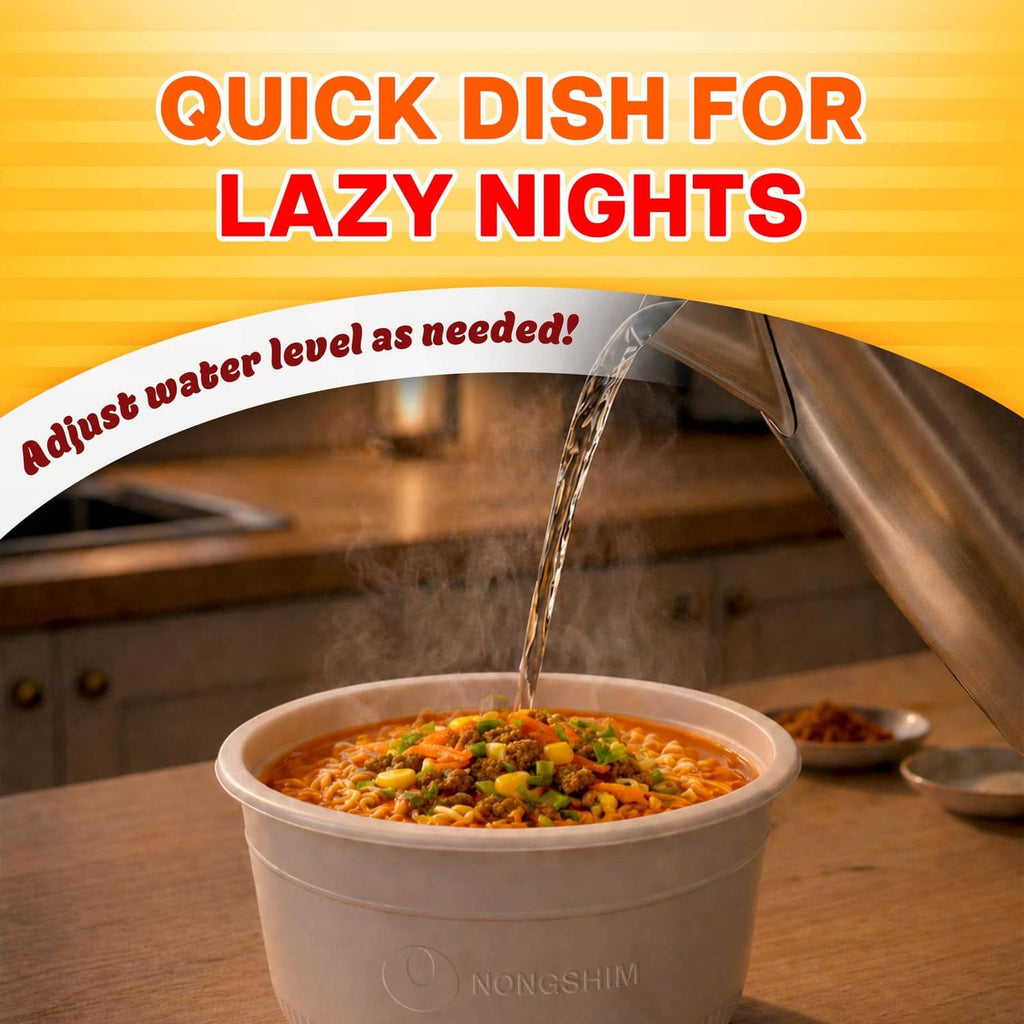 Spicy chicken ramen cup in a container with pour liquid for quick cooking