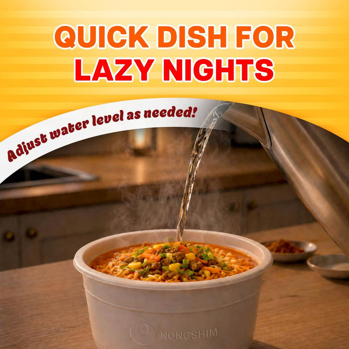 Spicy chicken ramen cup in a container with pour liquid for quick cooking