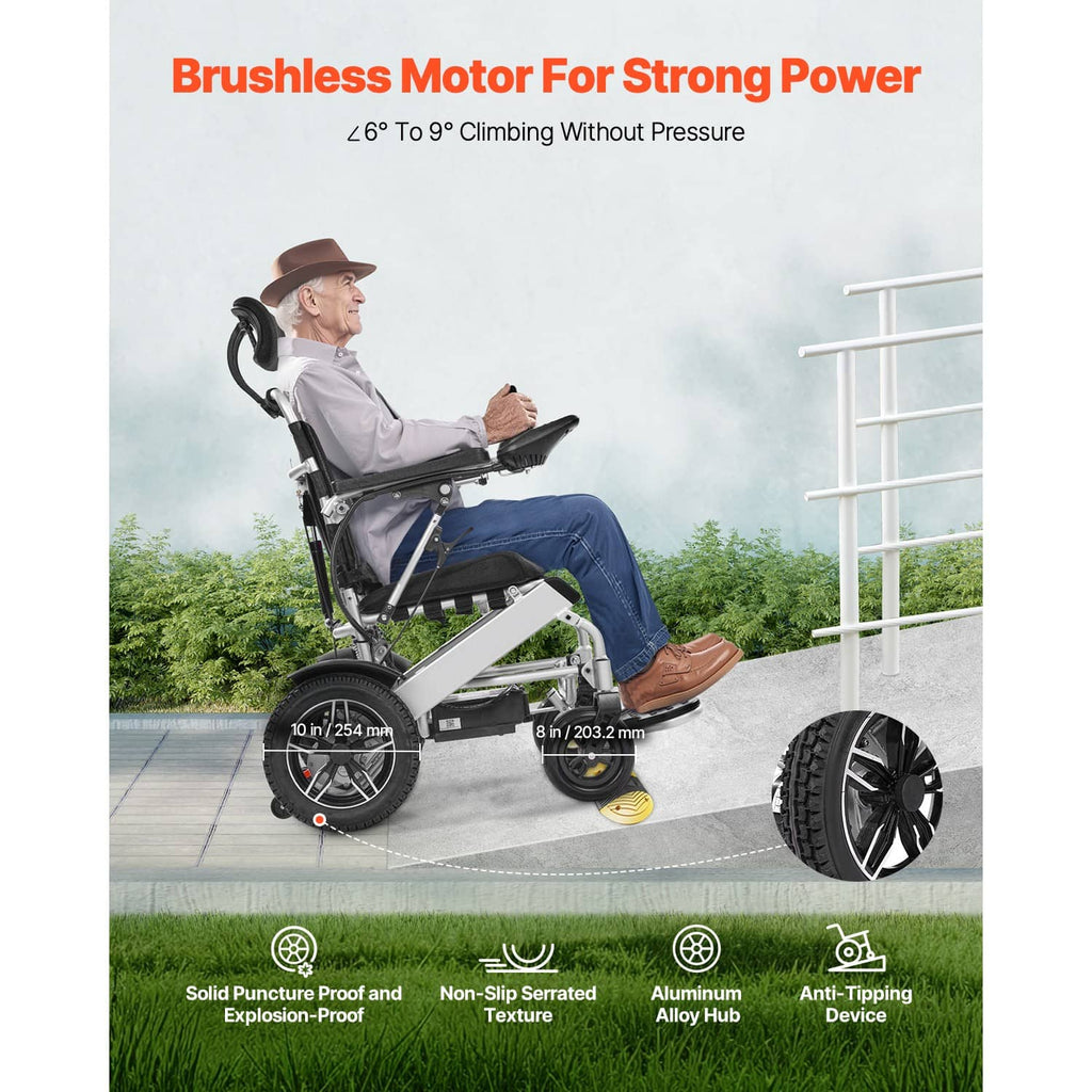 Electric mobility wheelchair with reclining seat, black upholstery, and large wheels.