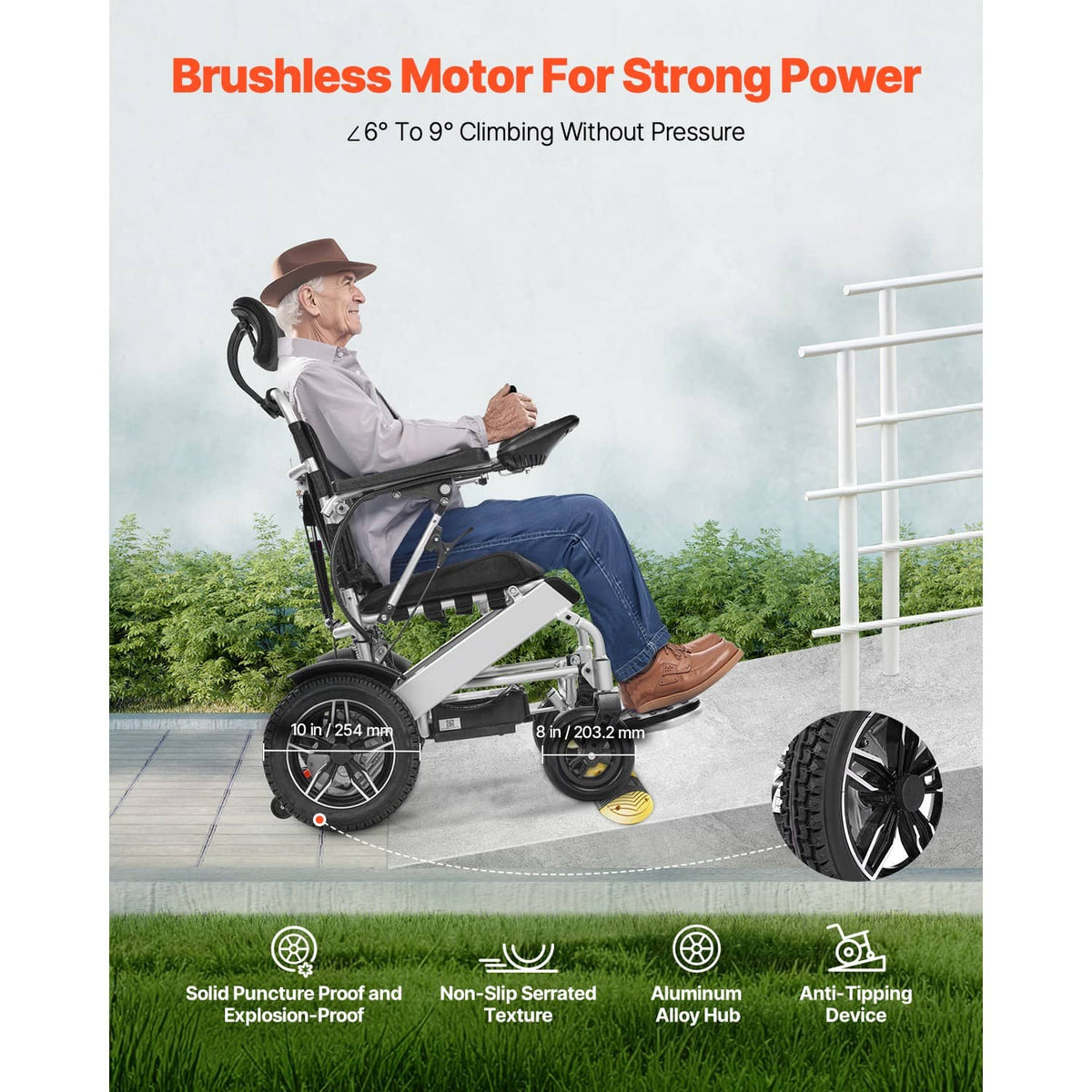 Electric mobility wheelchair with reclining seat, black upholstery, and large wheels.