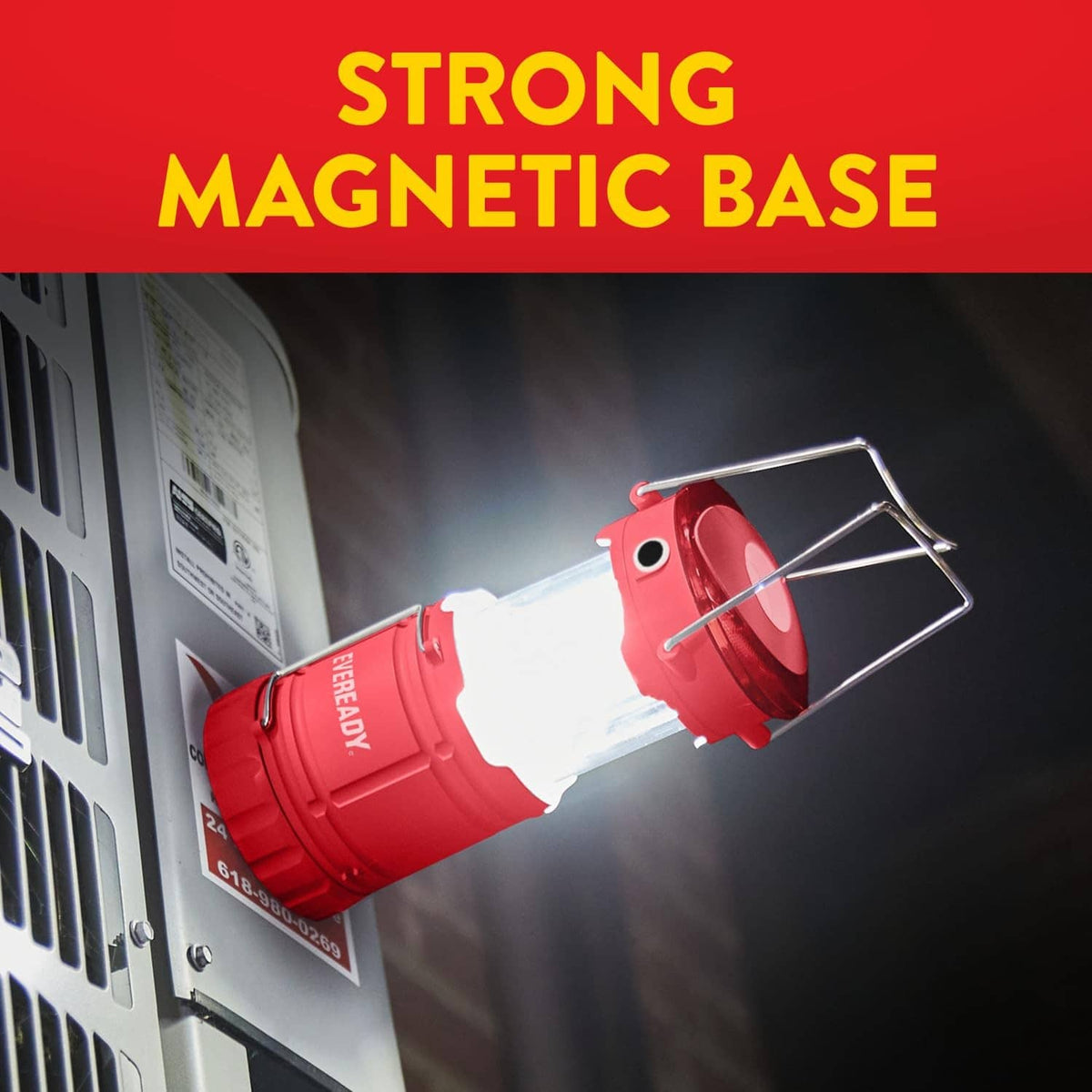 Red LED lantern mounted on a metal surface with a magnetic base and clear light.
