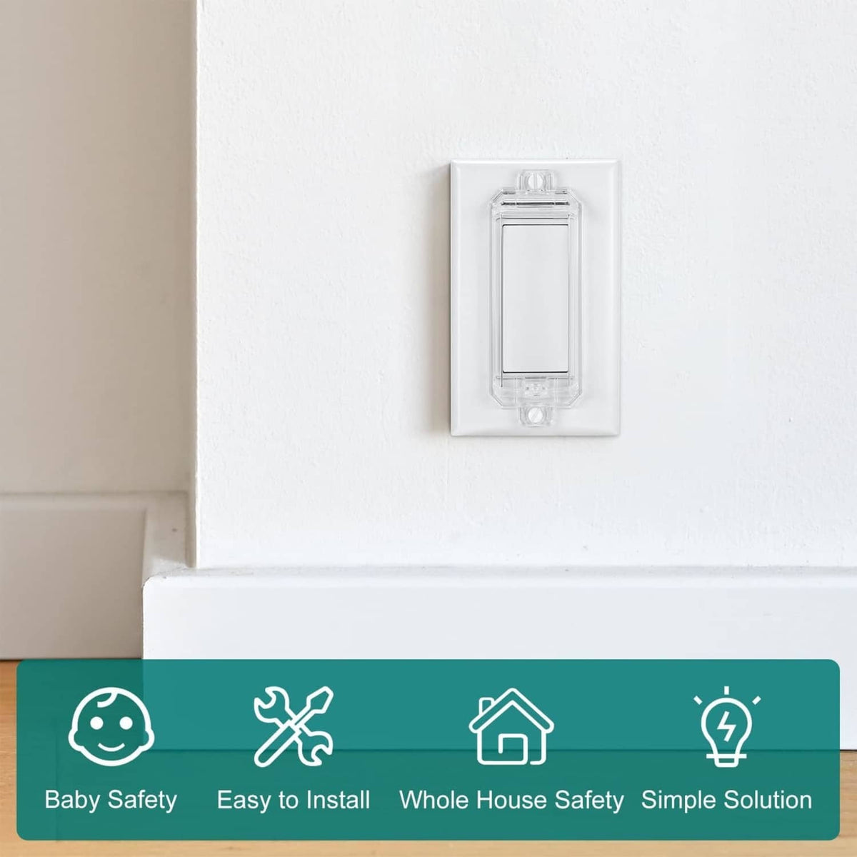 Clear childproof rocker light switch guard on a white wall plate, fully mounted.