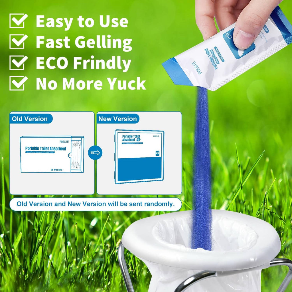 Open portable liquid waste gel packet pouring blue gel into toilet bowl