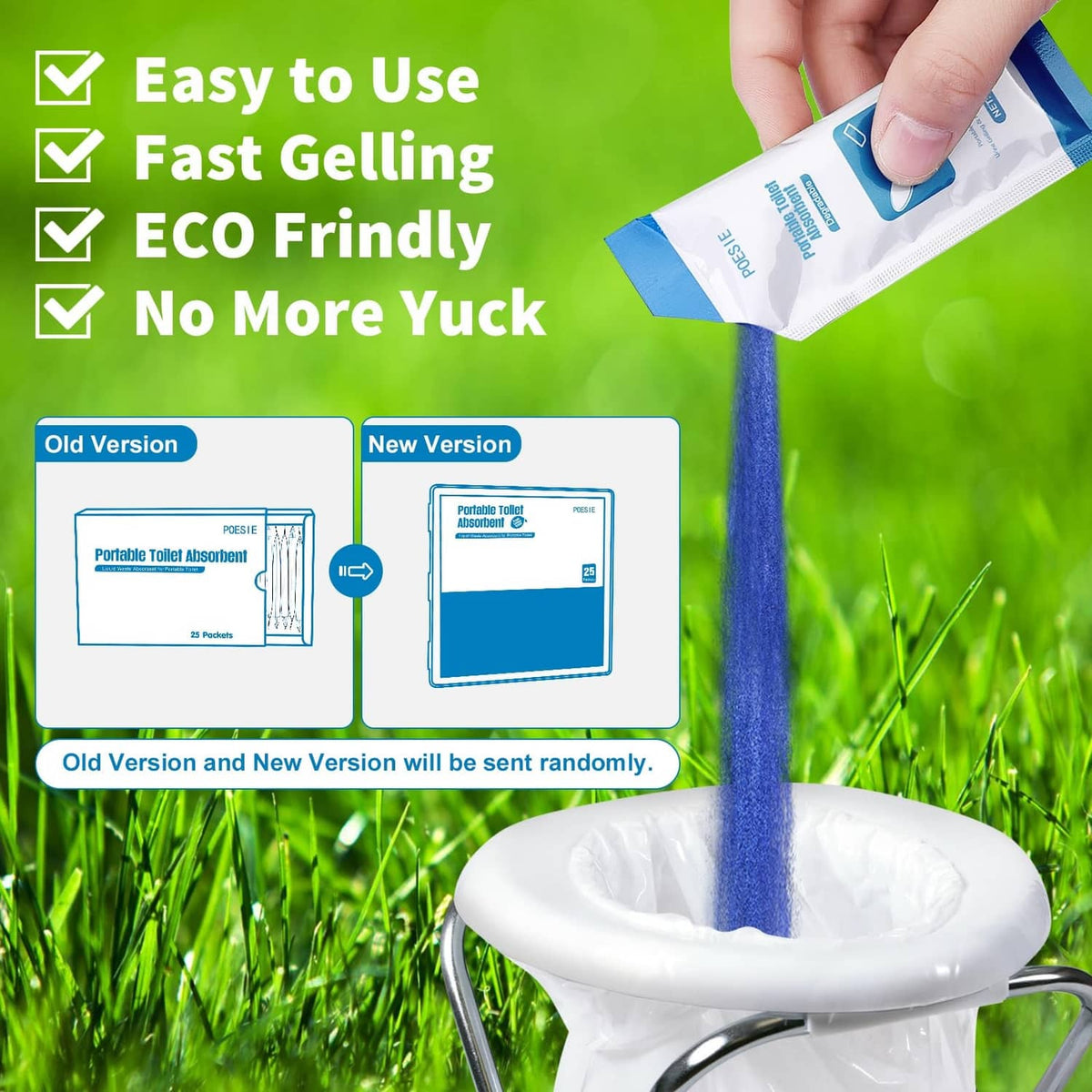 Open portable liquid waste gel packet pouring blue gel into toilet bowl