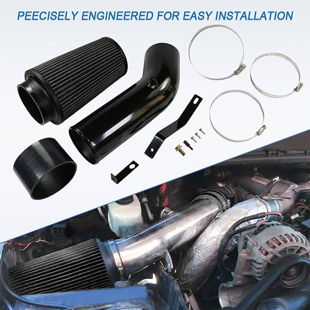 Black air intake tube and cone filter set with silicone pipes and metal mounting brackets