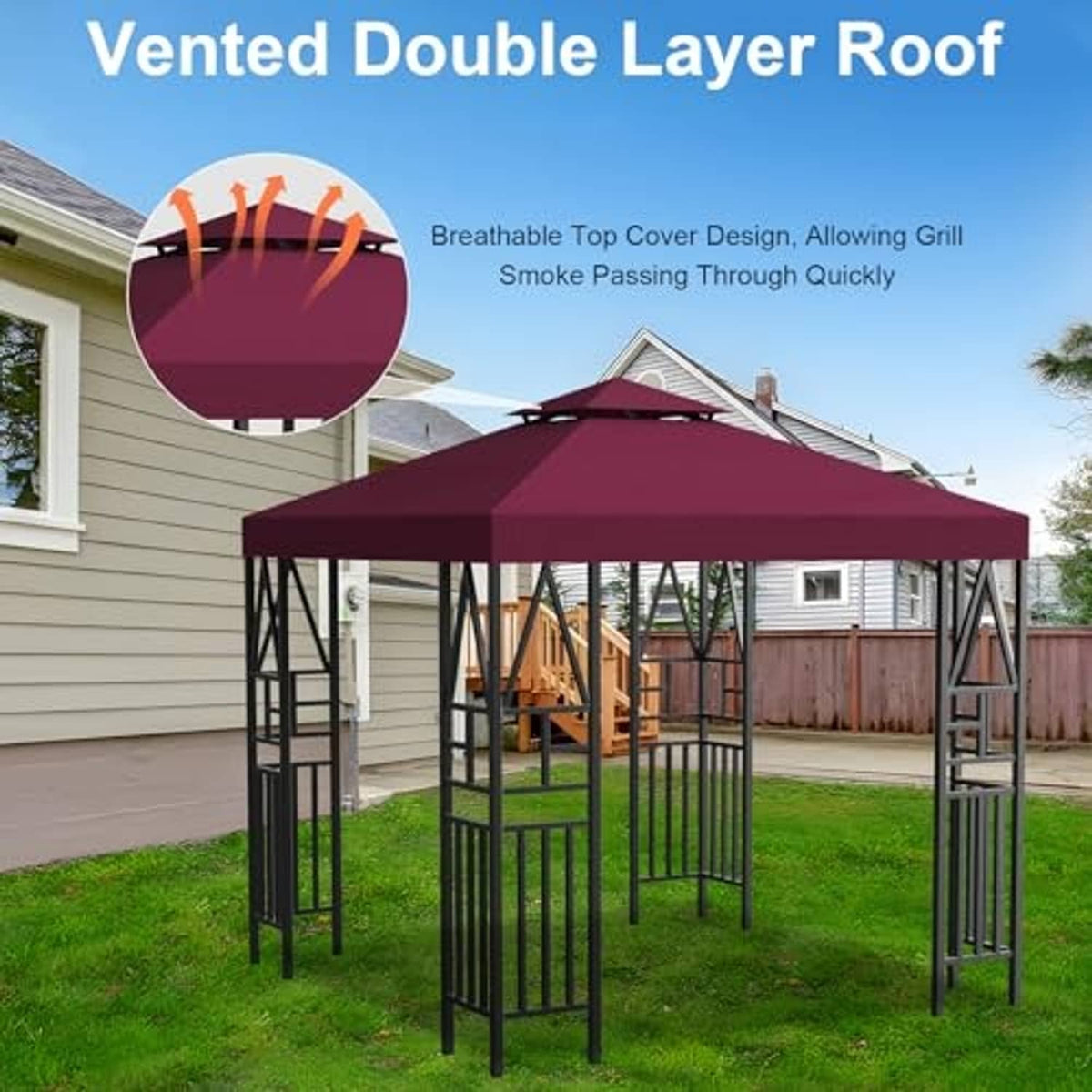 Vented double-layer gazebo canopy top cover, burgundy roof fabric
