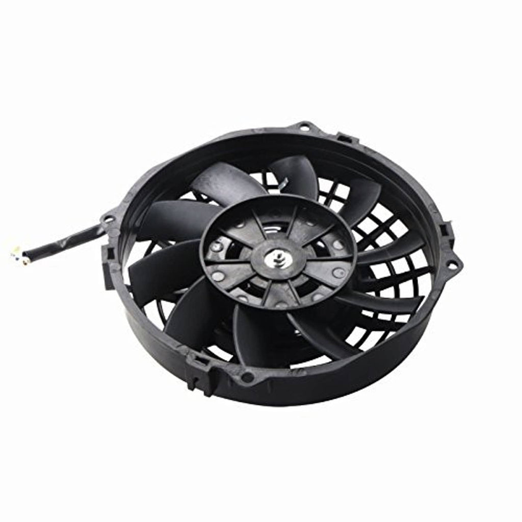 Black electric radiator fan motor housing with fan blades and circular grille