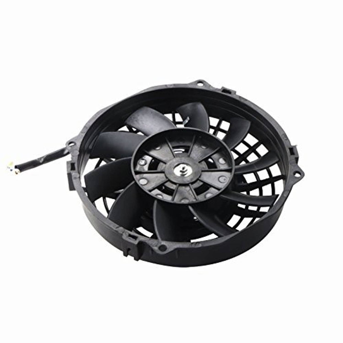 Black electric radiator fan motor housing with fan blades and circular grille