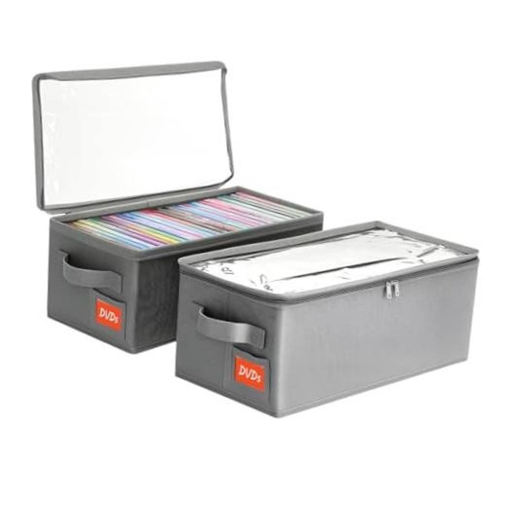 Gray fabric DVD storage box with clear PVC lid, side handle, DVD label patch