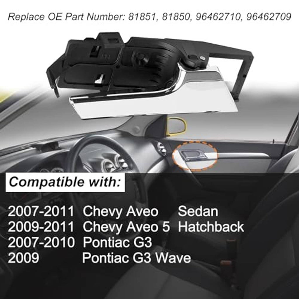 Interior door handle with chrome lever and black housing, installed on vehicle door