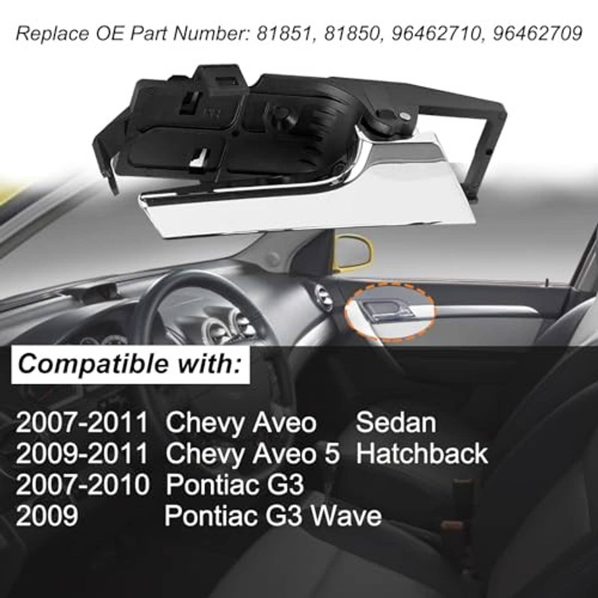 Interior door handle with chrome lever and black housing, installed on vehicle door