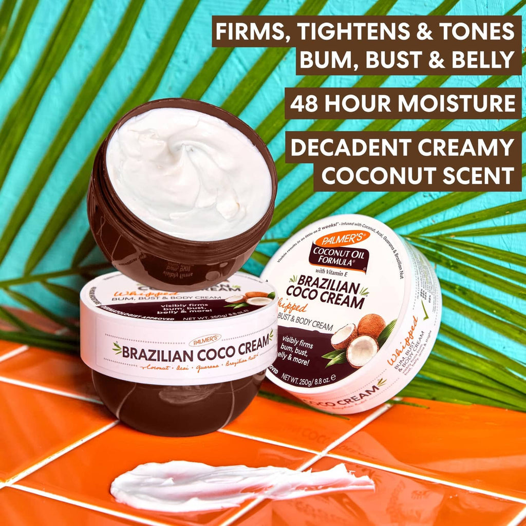 Palmer's Brazilian Coco Cream tub set with open cream scoop and stacked jars