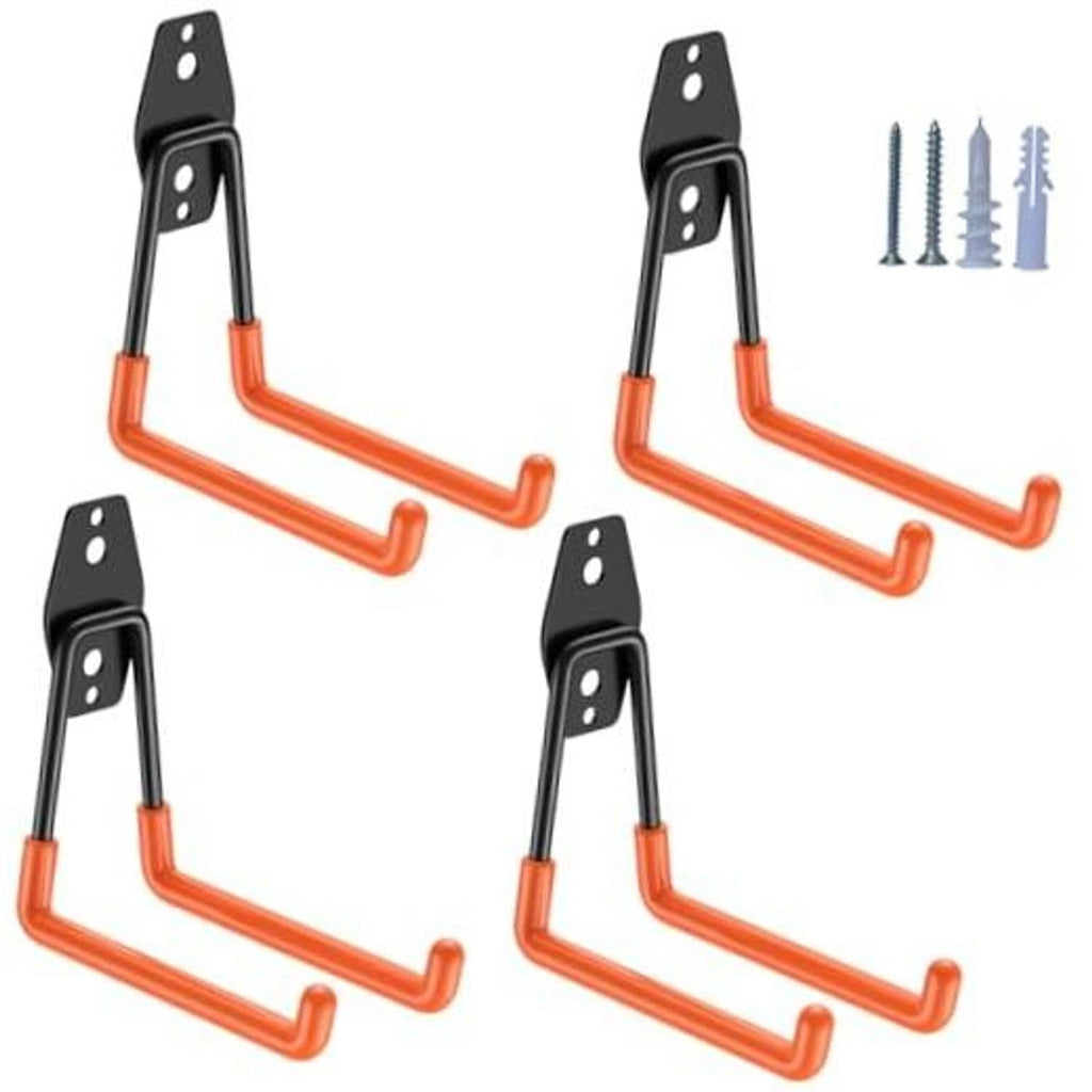 Set of 4 orange and black U-hook garage hooks with mounting plates.