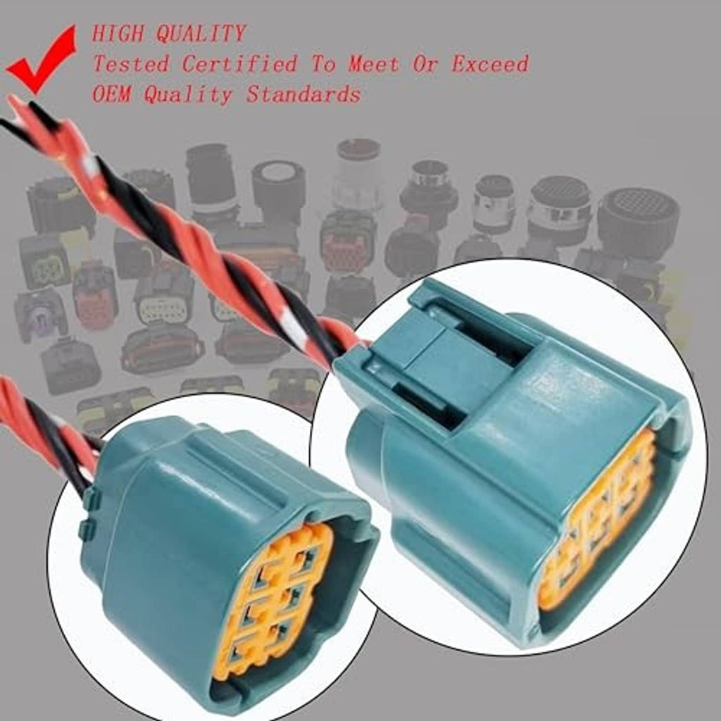 Teal connector plug with red/black wires; two views of the multi-pin ends