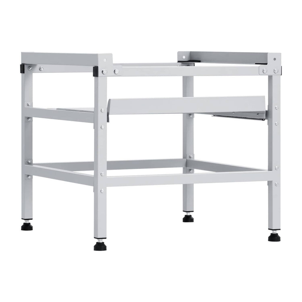 Adjustable laundry machine base, white metal frame with shelves and leveling feet
