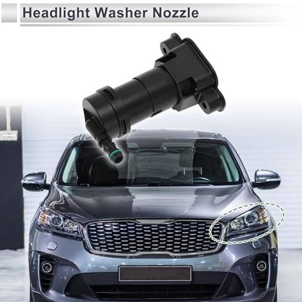Headlight washer nozzle, black with green inlet, shown mounted near front headlight