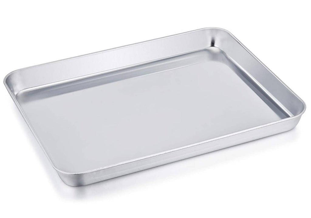 Stainless steel toaster oven tray pan with smooth rolled edges, rectangular shallow design