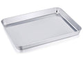 Stainless steel toaster oven tray pan with smooth rolled edges, rectangular shallow design