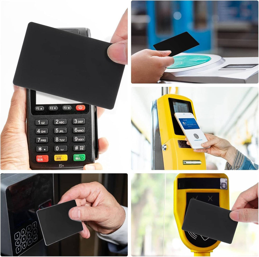 Black NFC card held near keypad and kiosk reader for contactless use