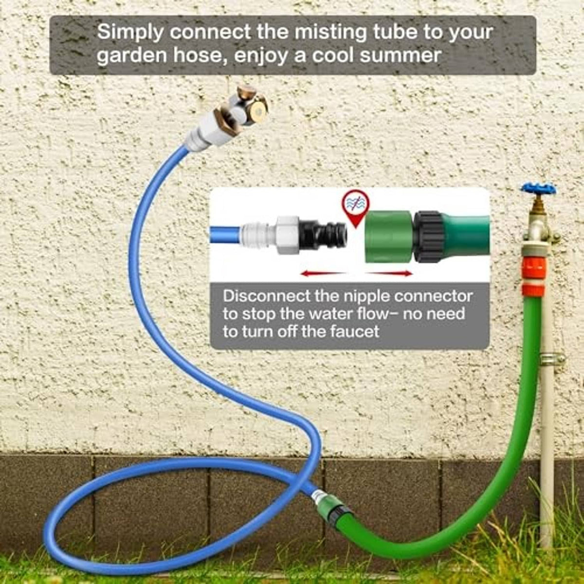 Patio misting hose with green connector and brass nozzle head near outdoor spigot