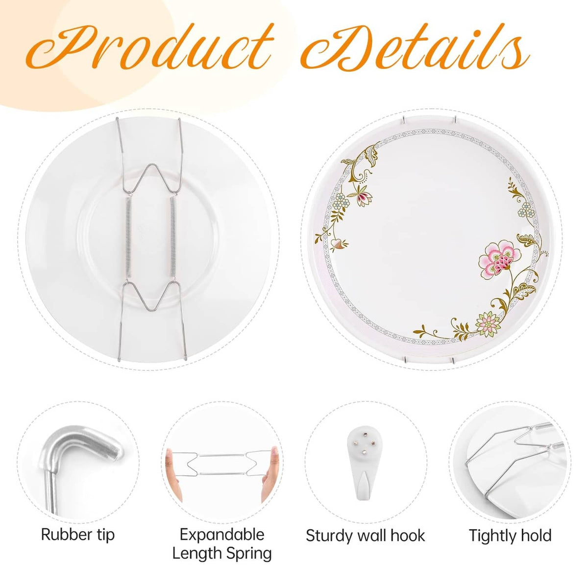 Plate wall hanger parts: rubber tip, expandable length spring, and sturdy wall hooks