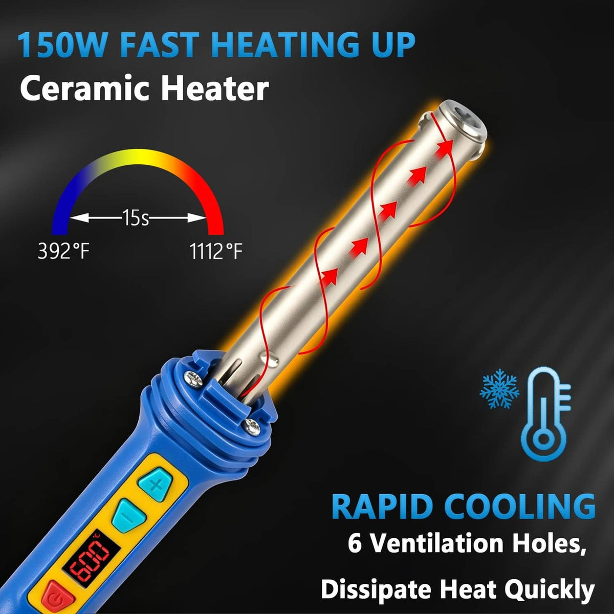 Blue plastic welder with vented metal heater tip and cylindrical heating barrel