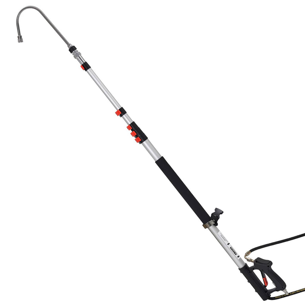 Telescoping pressure washer wand with curved inlet hose and red nozzle bands