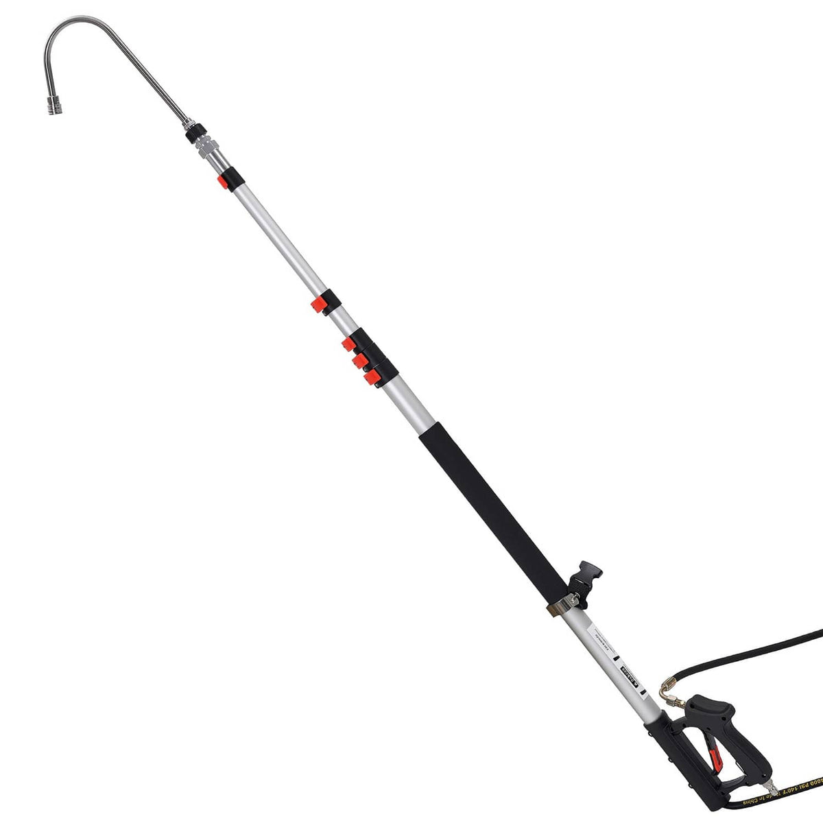 Telescoping pressure washer wand with curved inlet hose and red nozzle bands