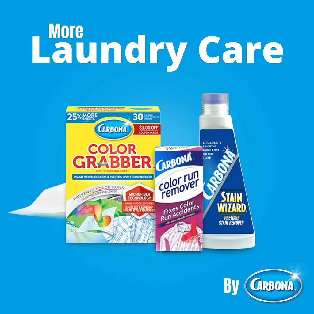 Assorted laundry care products, including Carbona washing machine cleaner bottle