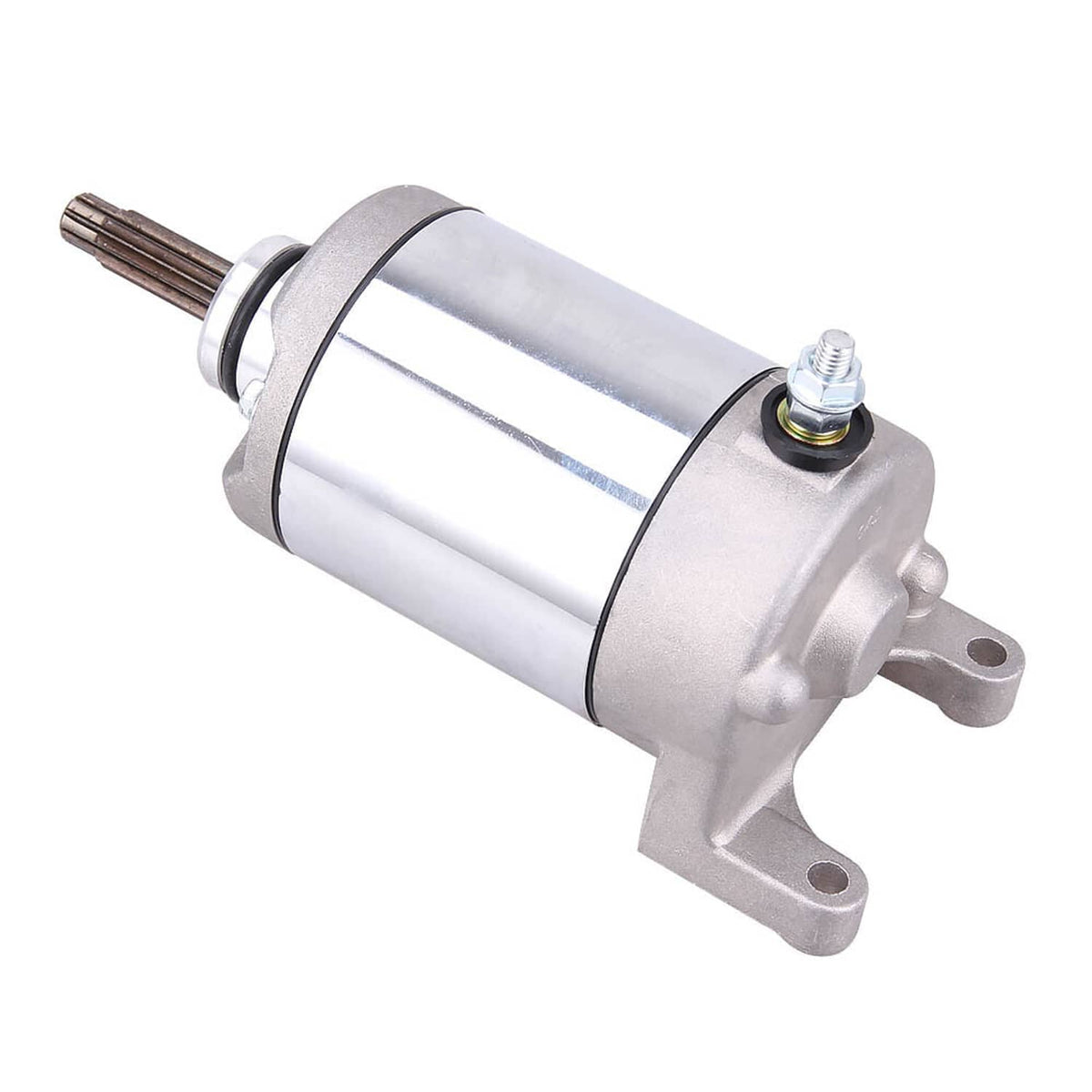 Starter motor assembly with angled view, silver housing and exposed pinion shaft