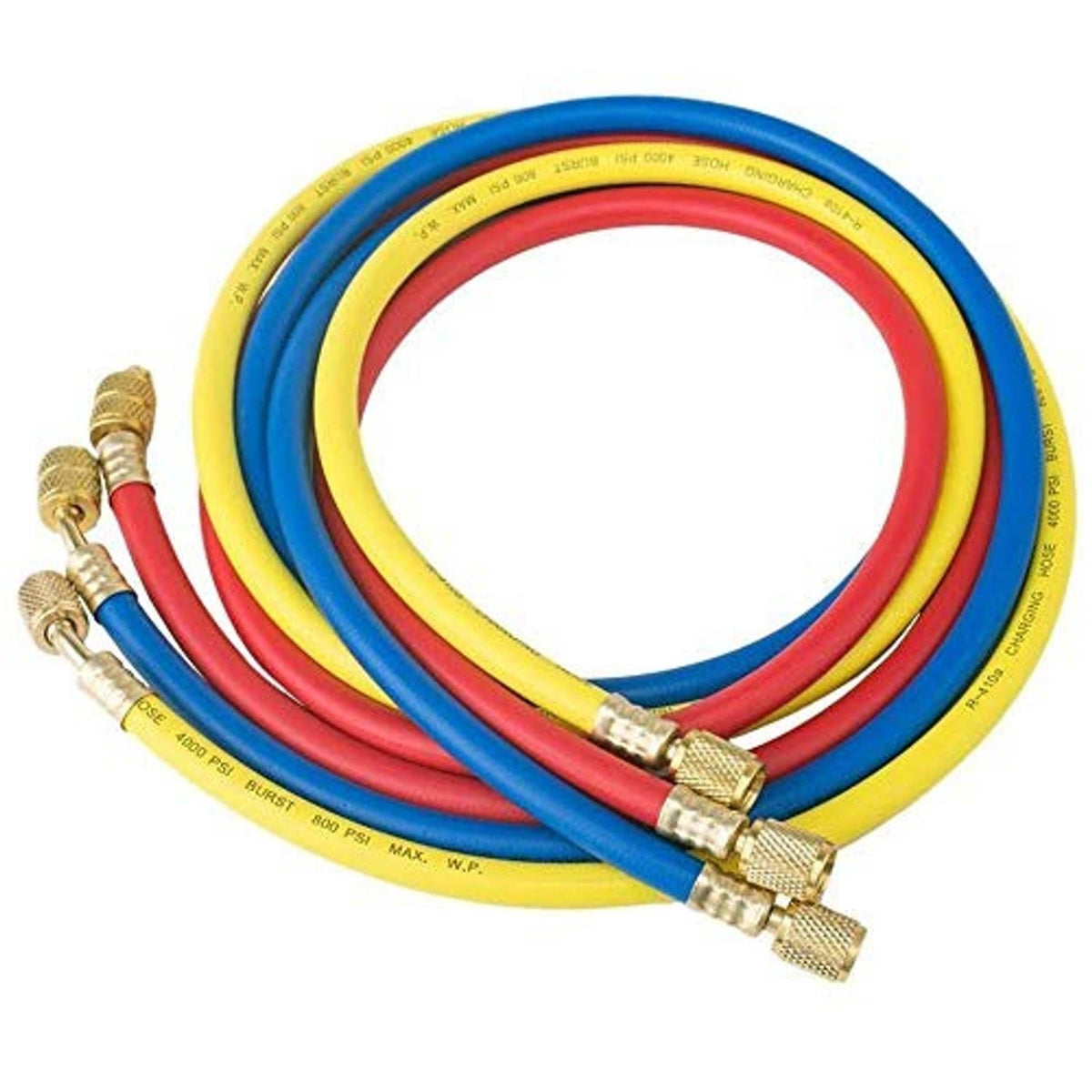 Color-coded refrigerant hoses (red, blue, yellow) with brass ends and connectors
