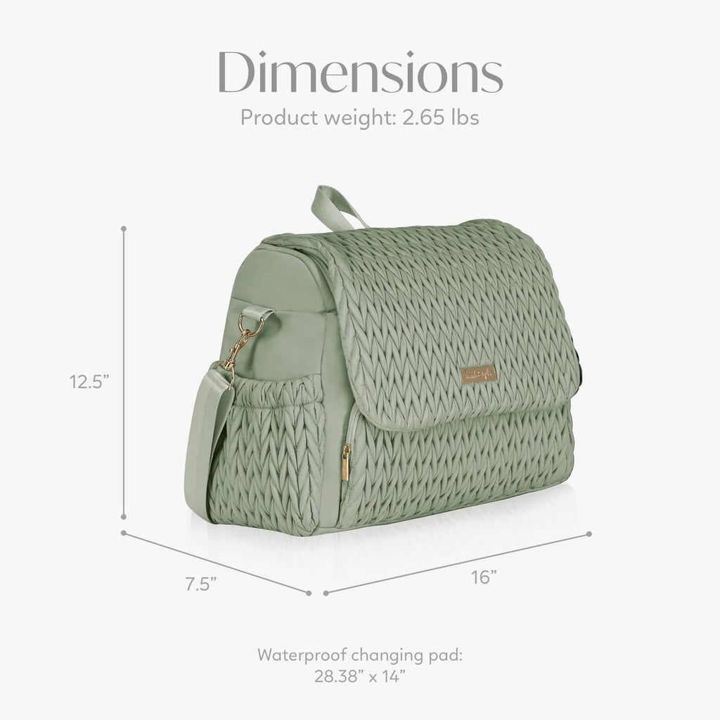 Sage green quilted diaper backpack, side view with top handle and flap