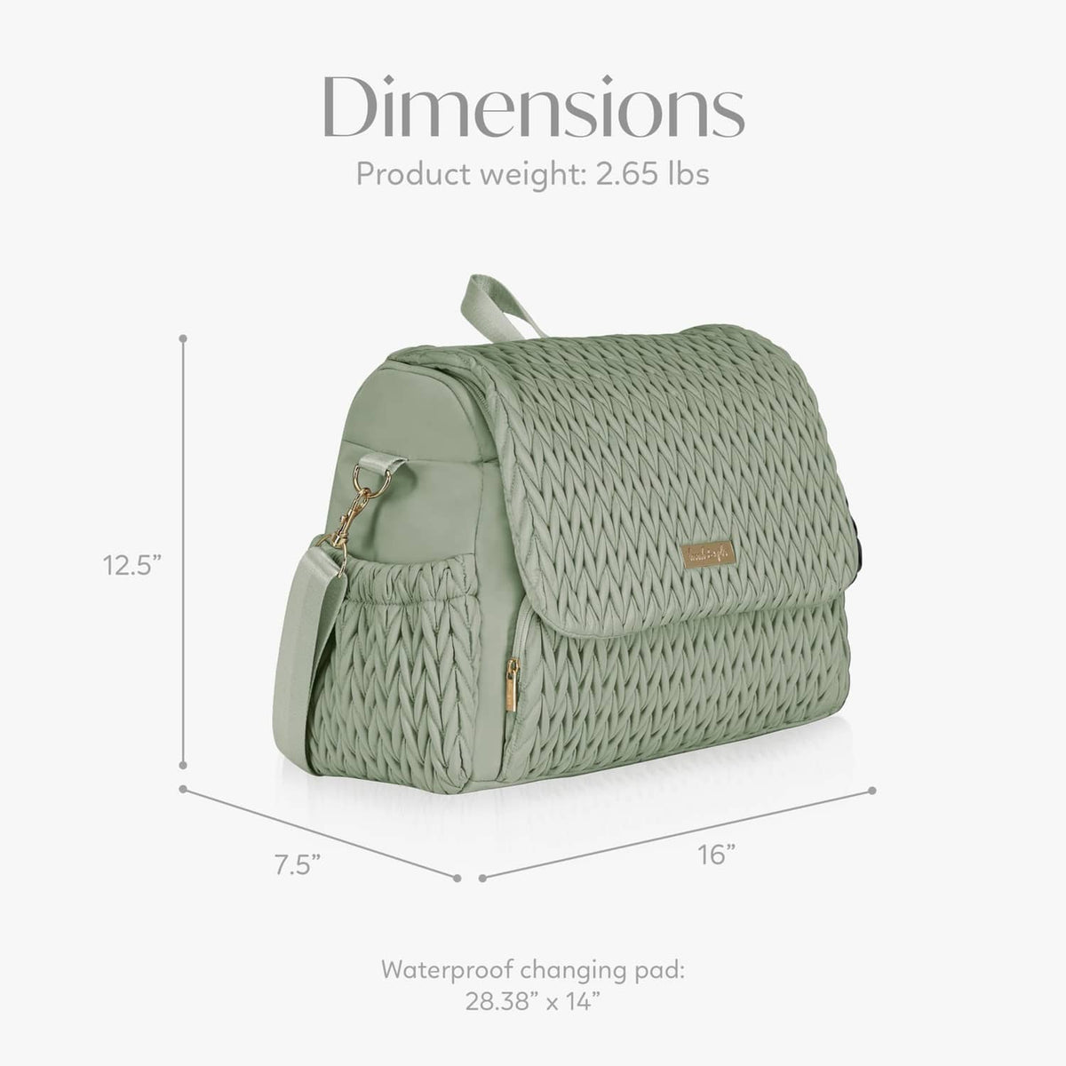 Sage green quilted diaper backpack, side view with top handle and flap