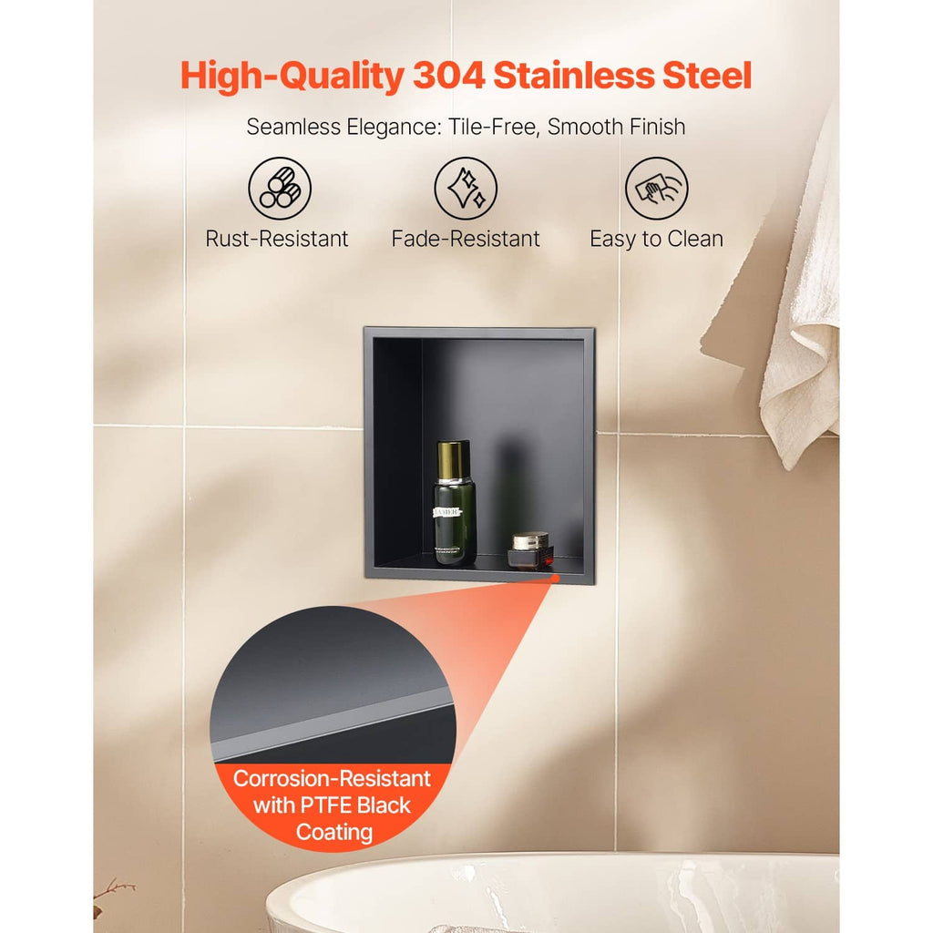 Black recessed shower wall shelf niche with smooth finish, holds shower toiletries