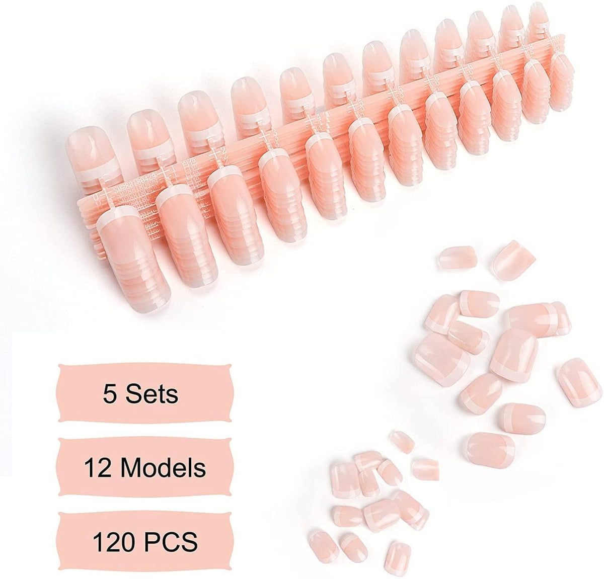 Pink short press-on nails set with glossy white French tips, assorted sizes