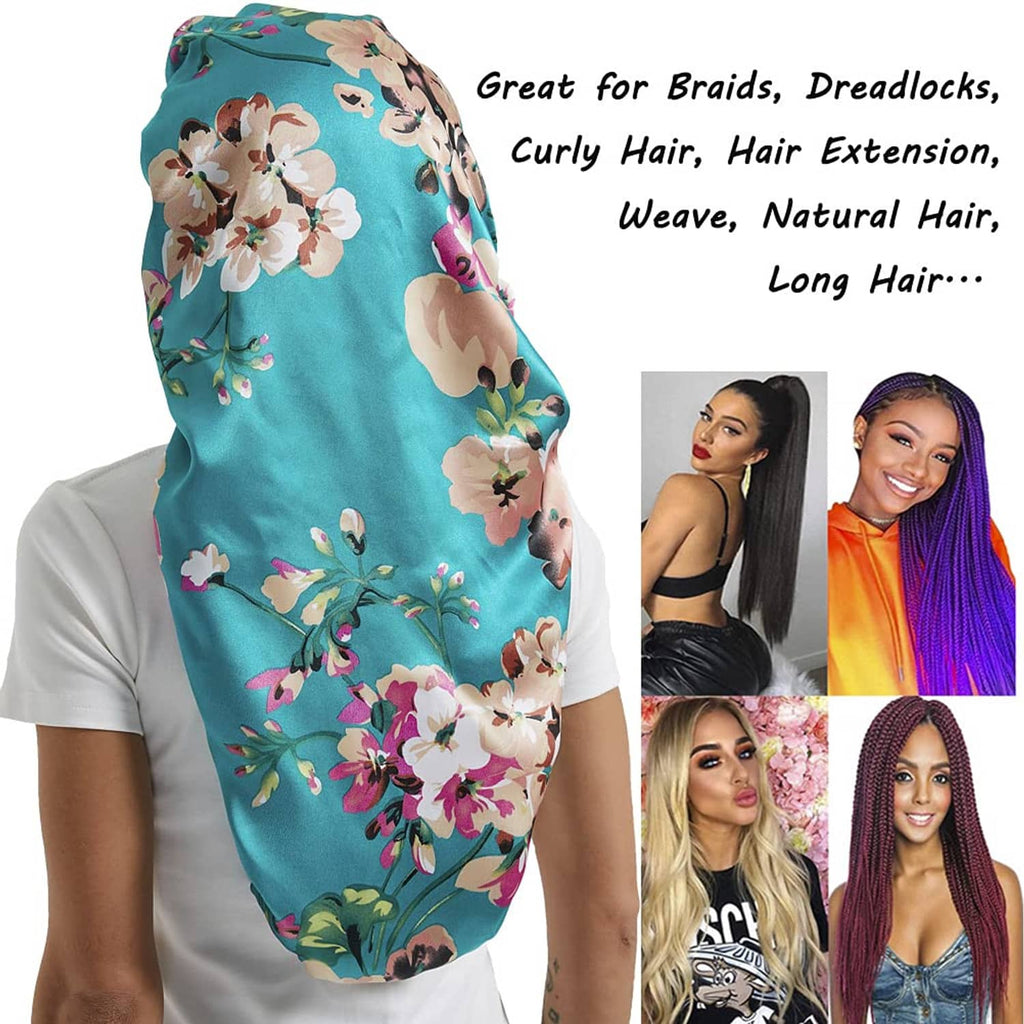 Teal floral satin bonnet with long tail and soft elastic band