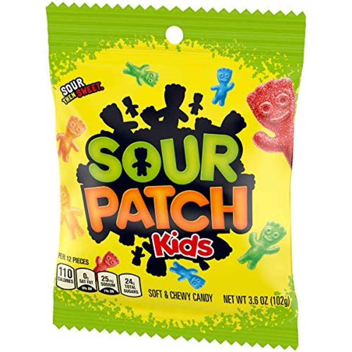 Sour candy bag front with Sour Patch Kids lettering and colorful character figures