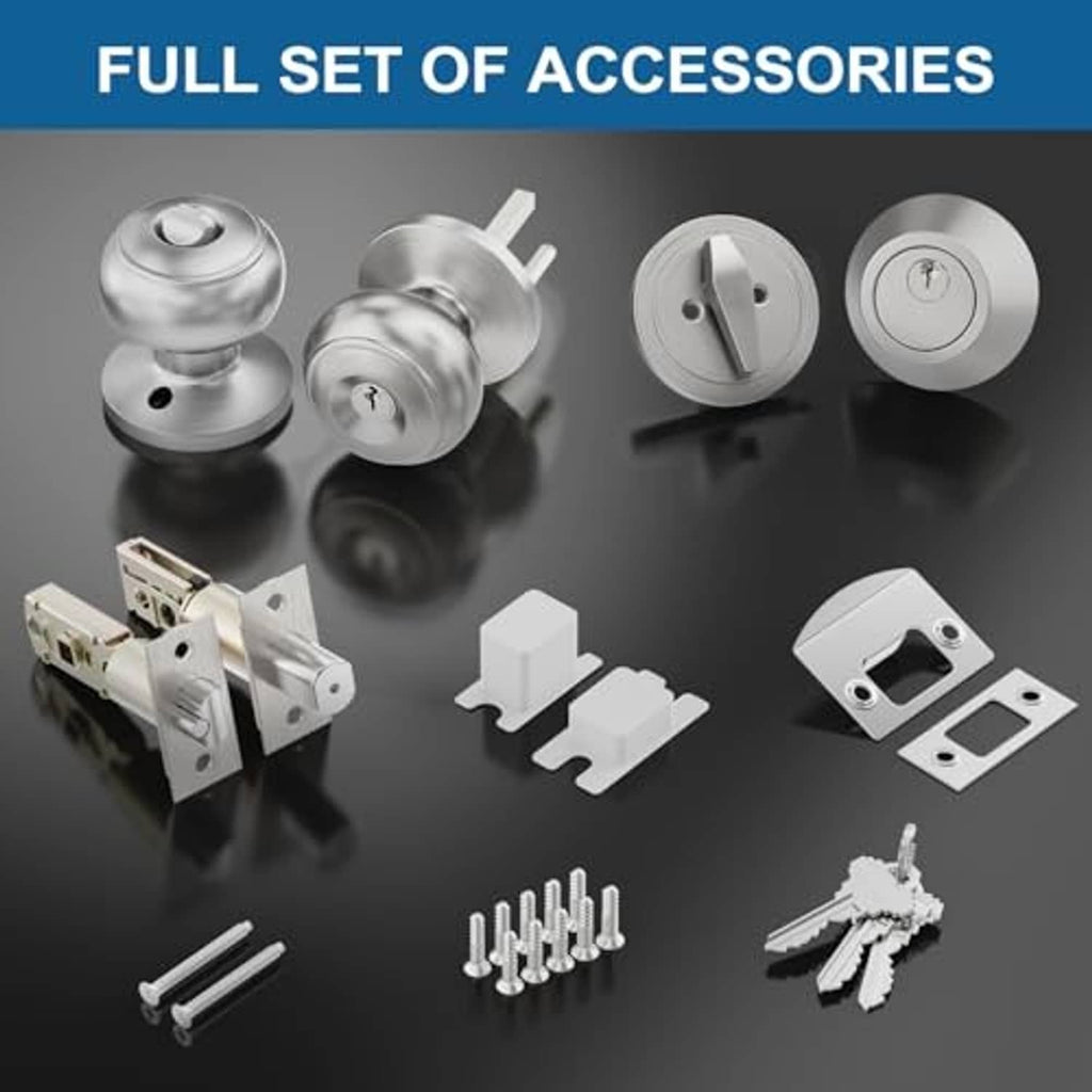 Satin nickel door knob hardware accessories set with plates, screws, and keys