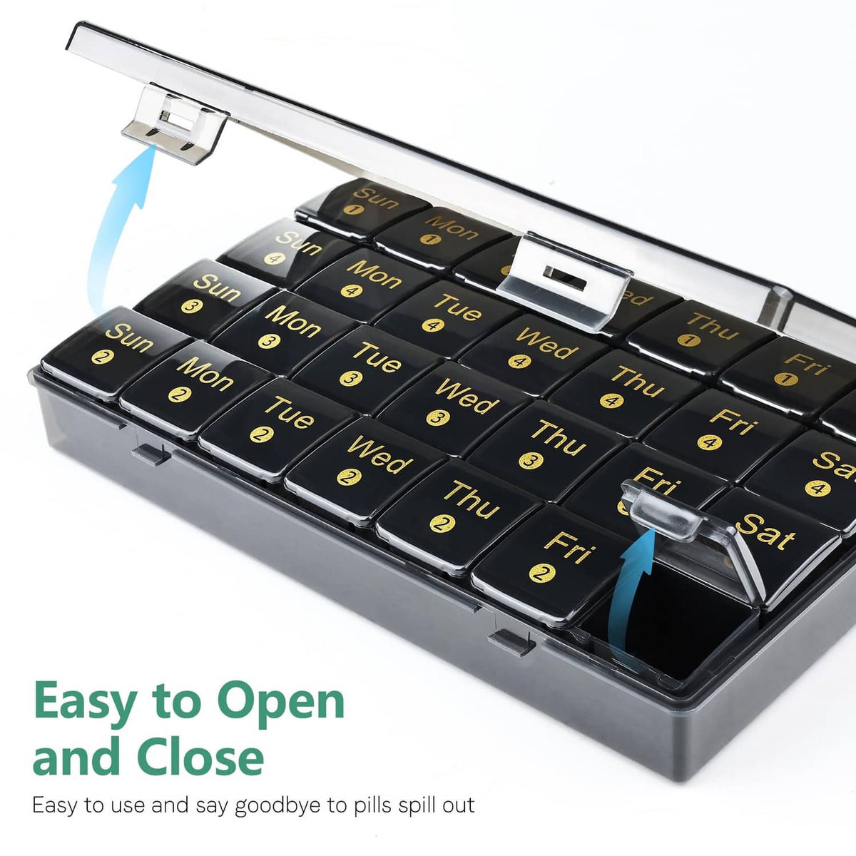 Black weekly pill organizer with open lids and day-of-week labels on each compartment