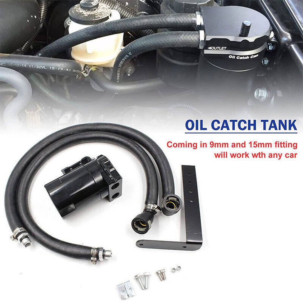 Black oil catch tank with attached hoses, inlet and outlet fittings, and mounting frame