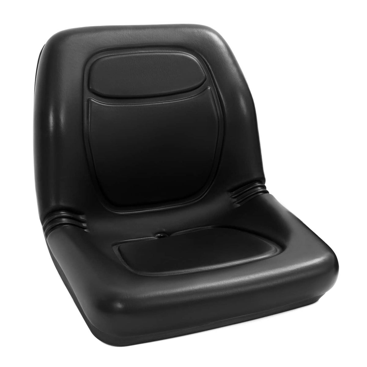 Black molded seat with contoured backrest, cushioned seat pan, and side grips.